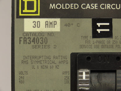 Square D FA36030 I-Line Circuit Breaker 30A 3 Pole 600V Plug-On Ser 2 Gray Face