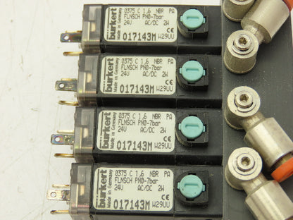 Burkert 017143M Pneumatic Air Solenoid Block 4 Valve Manifold 24V