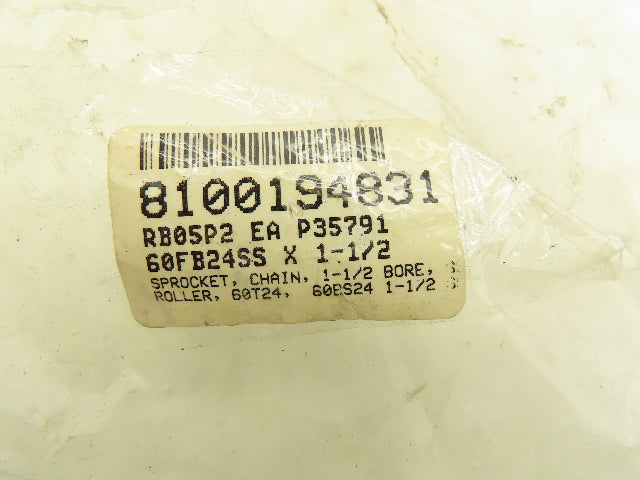 SS60B24 #60 Stainless Roller Chain Sprocket 24T Tooth 3/4 Pitch 1.5" Bore