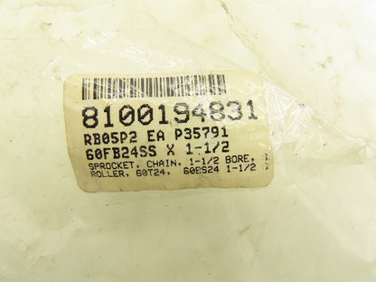 SS60B24 #60 Stainless Roller Chain Sprocket 24T Tooth 3/4 Pitch 1.5" Bore