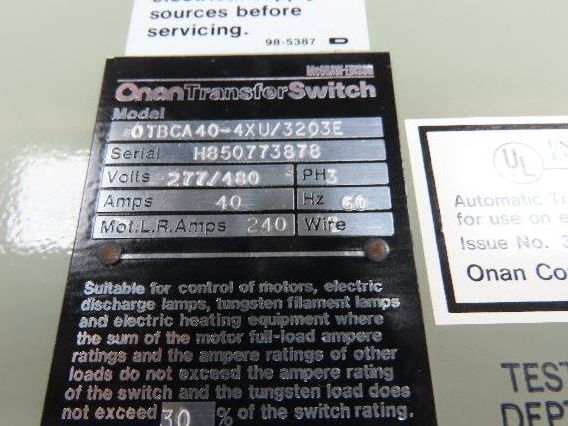 Onan 306-2207 Automatic Transfer Switch 3 Phase 40 Amp 480 Volt