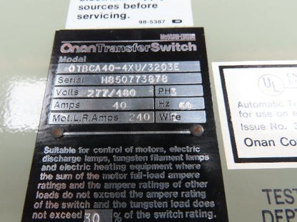 Onan 306-2207 Automatic Transfer Switch 3 Phase 40 Amp 480 Volt