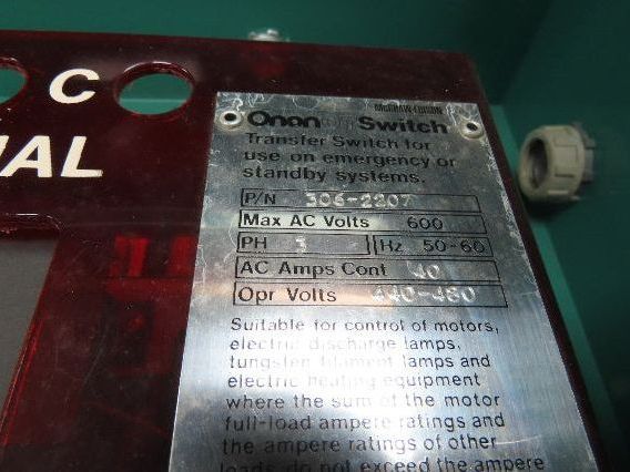 Onan 306-2207 Automatic Transfer Switch 3 Phase 40 Amp 480 Volt