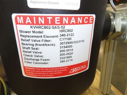 Republic HRC802 2-Stage Regenerative Vacuum Blower 227 CFM 6.5Hp 480V 3PH 2" NPT