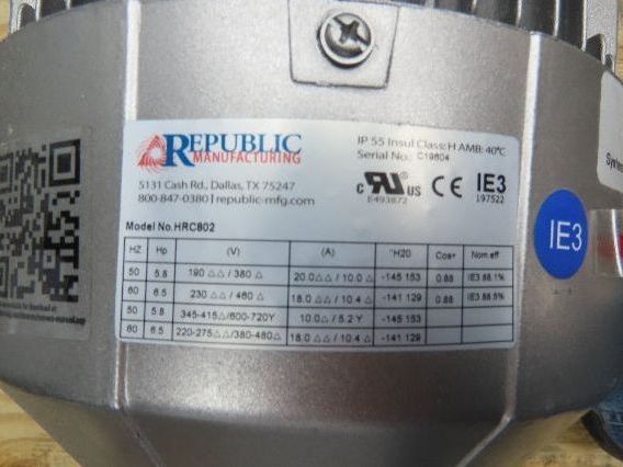 Republic HRC802 2-Stage Regenerative Vacuum Blower 227 CFM 6.5Hp 480V 3PH 2" NPT