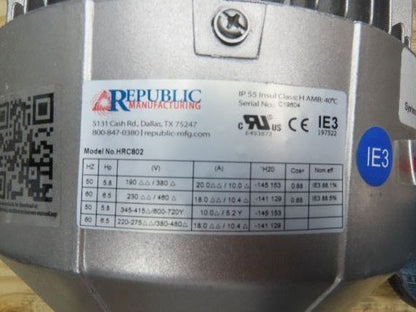 Republic HRC802 2-Stage Regenerative Vacuum Blower 227 CFM 6.5Hp 480V 3PH 2" NPT