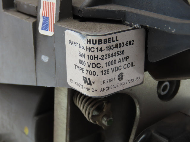 Hubbell HC14-193-100-582 DC Contactor 1000 Amp 600VDC Interlock 125VDC Coil