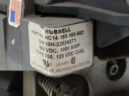 Hubbell HC14-193-100-582 DC Contactor 1000A 600VDC Interlock Relay 125VDC Coil