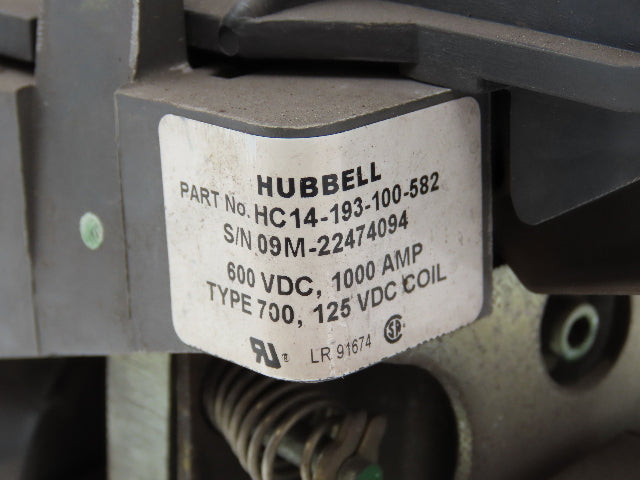Hubbell HC14-193-100-582 DC Contactor 1000A 600VDC Interlock Relay 125VDC Coil