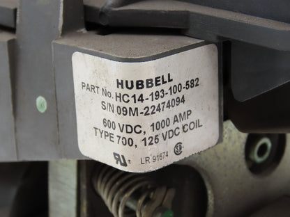 Hubbell HC14-193-100-582 DC Contactor 1000A 600VDC Interlock Relay 125VDC Coil