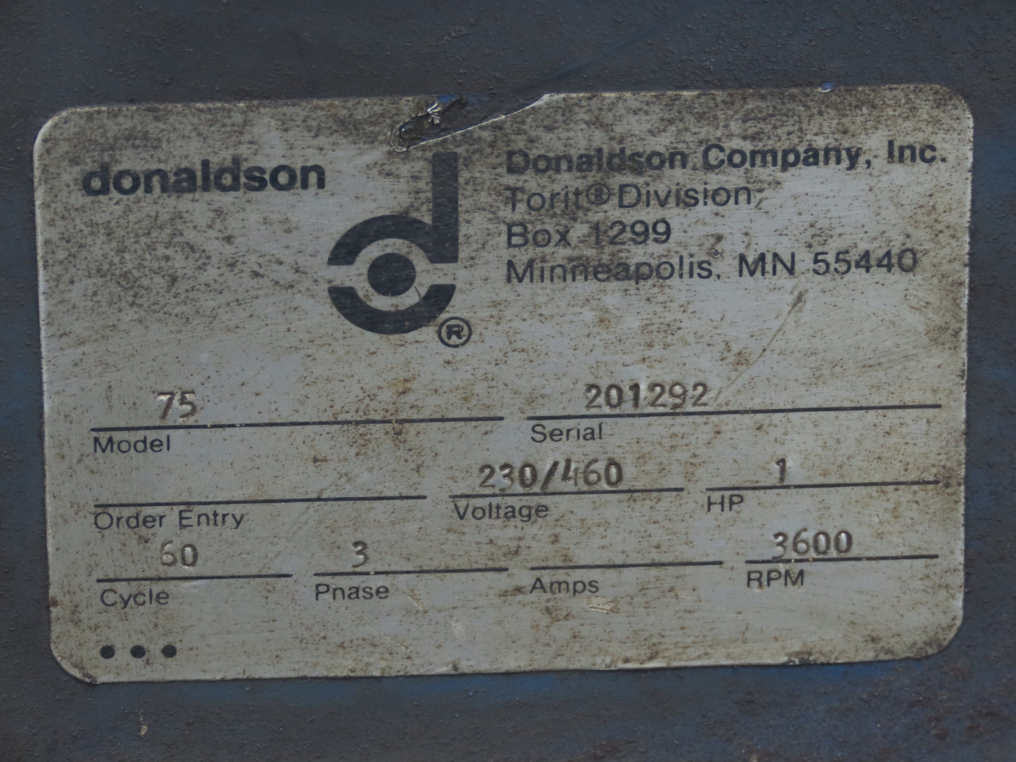 Donaldson 75 Torit Cabinet Metal Dust Collector 1Hp 3Ph Motor 230/460V