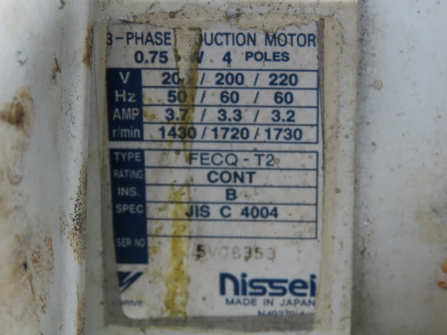 GTR Nissei G3LB-40-160-075 Gearmotor 160:1 Reducer 10.8rpm 1Hp 220V 3PH w/Brake