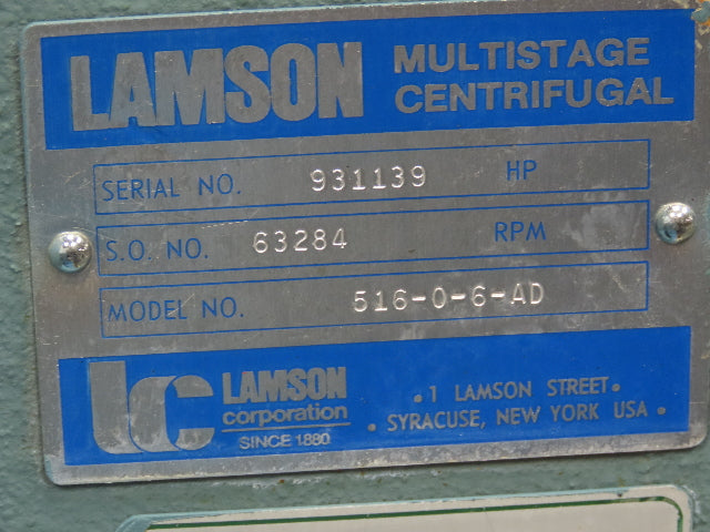 Lamson 516-0-6-AD Multistage Centrifugal Blower 30Hp 230/460V 3Ph 5"