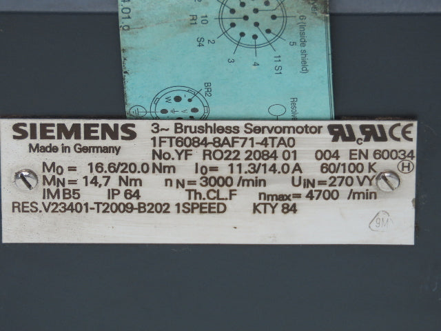 Siemens 1FT6084-8AF71-4TA0 AC Servo Motor 6.2Hp 3000 RPM 270V 3PH IM B5