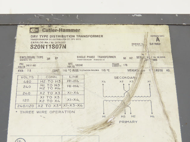 Cutler Hammer S20N11S07N Transformer 7.5KVA Hv 240x480V Lv 120/240V 1PH 3R