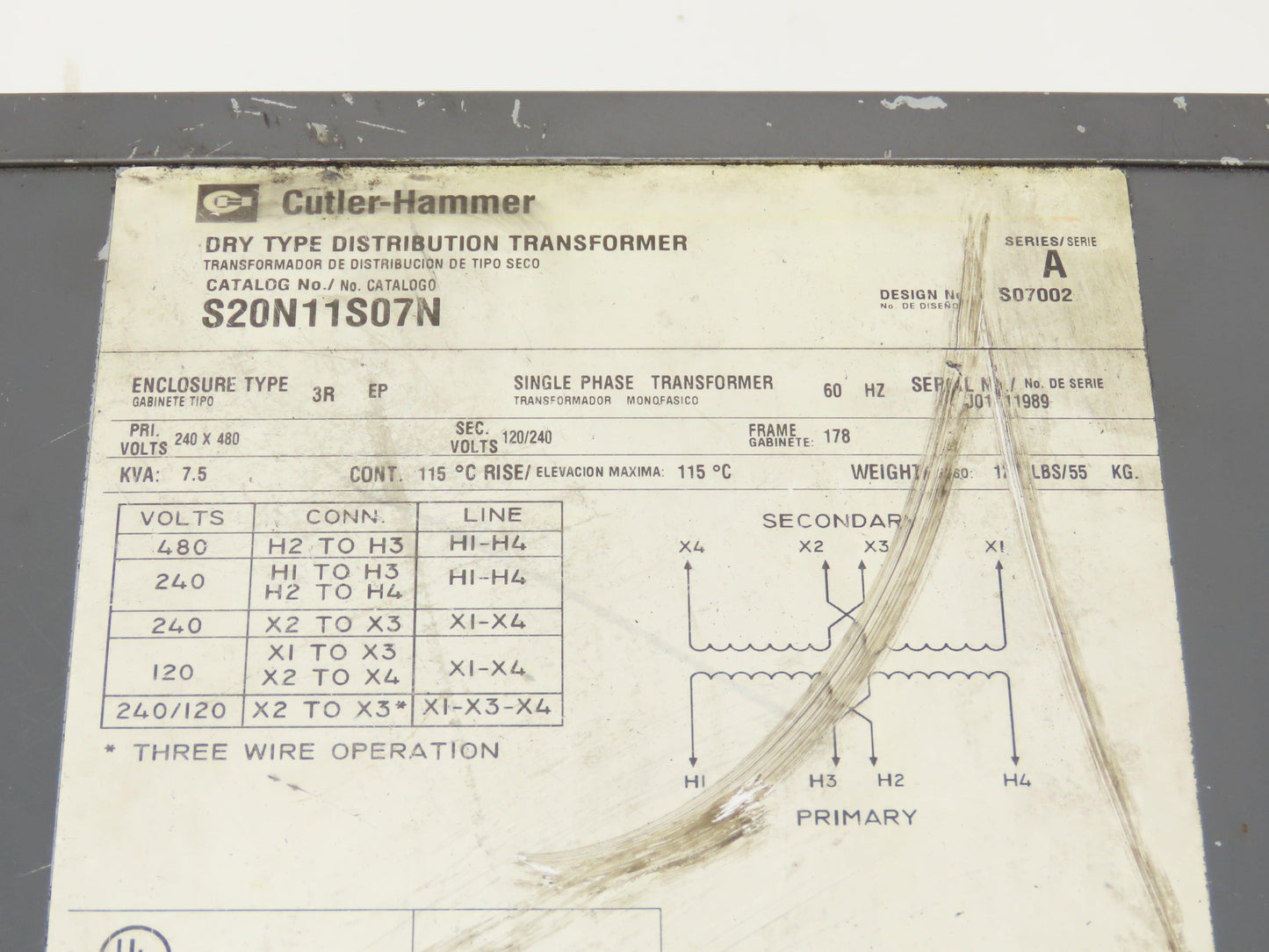 Cutler Hammer S20N11S07N Transformer 7.5KVA Hv 240x480V Lv 120/240V 1PH 3R