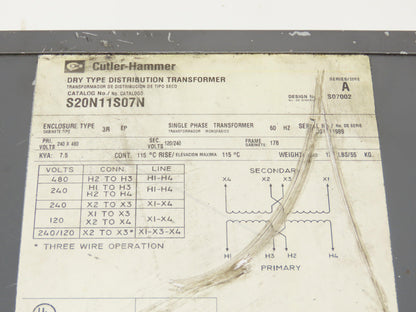 Cutler Hammer S20N11S07N Transformer 7.5KVA Hv 240x480V Lv 120/240V 1PH 3R