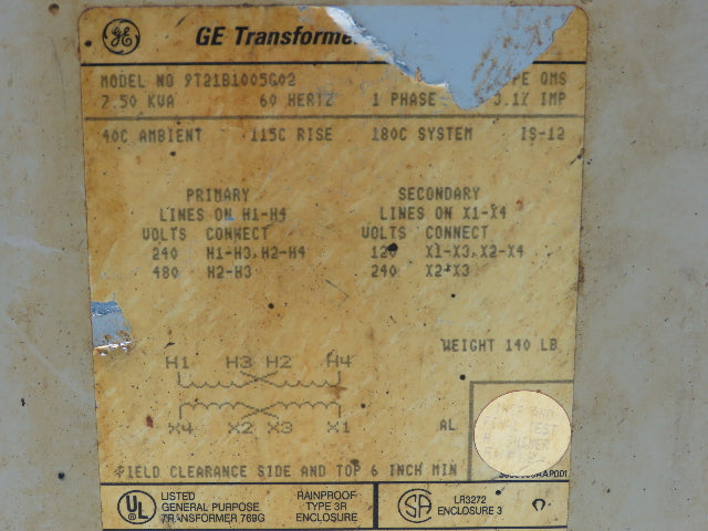 GE 9T21B1005G02 Transformer 7.5KVA Hv 240x480V Lv 120/240V 1PH 3R