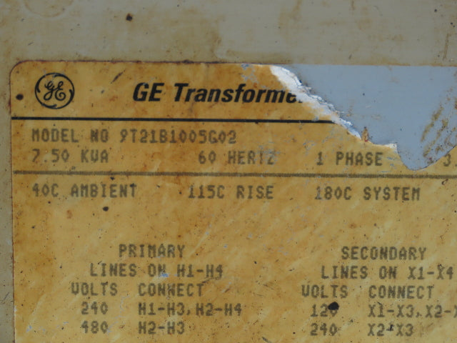 GE 9T21B1005G02 Transformer 7.5KVA Hv 240x480V Lv 120/240V 1PH 3R