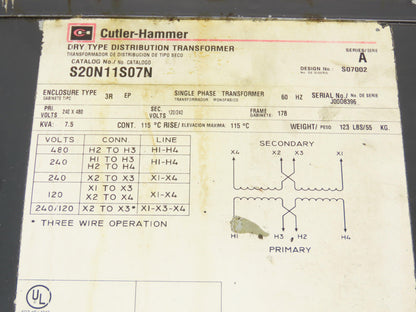 Cutler Hammer S20N11S07N Transformer 7.5KVA Hv 240x480V Lv 120/240V 1PH 3R