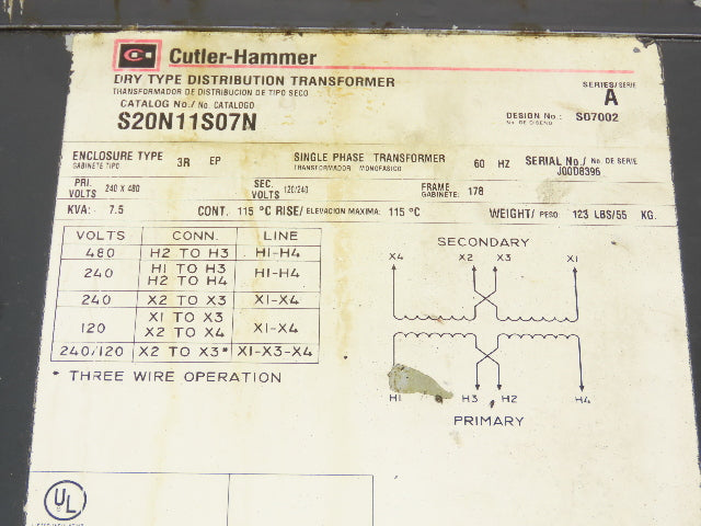 Cutler Hammer S20N11S07N Transformer 7.5KVA Hv 240x480V Lv 120/240V 1PH 3R