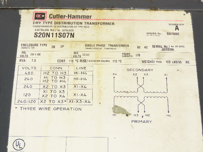 Cutler Hammer S20N11S07N Transformer 7.5KVA Hv 240x480V Lv 120/240V 1PH 3R