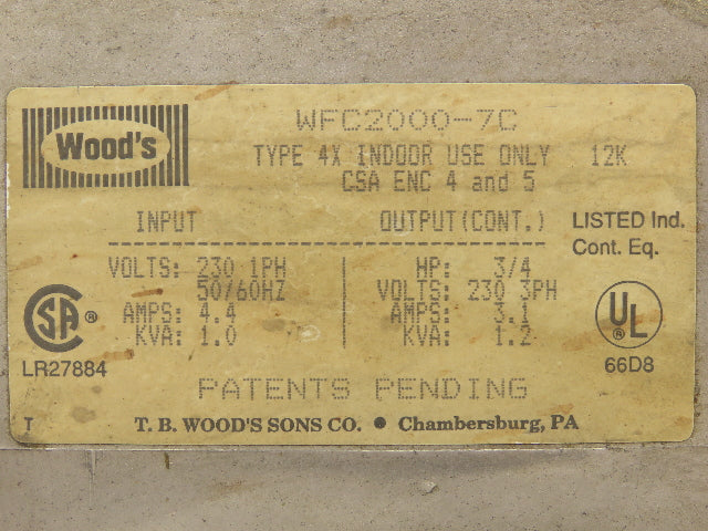 Woods WFC2000-7C E-Trac AC Inverter VFD Drive 230V 1PH to 230V 3PH Output 3/4Hp