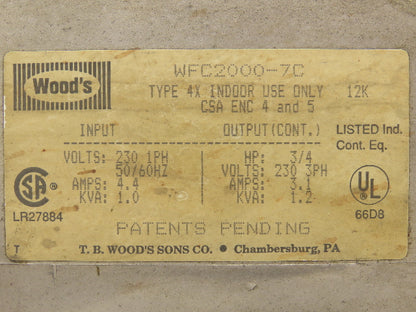 Woods WFC2000-7C E-Trac AC Inverter VFD Drive 230V 1PH to 230V 3PH Output 3/4Hp