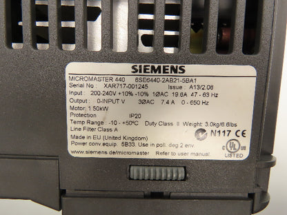 Siemens 6SE6440-2AB21-5BA1 MicroMaster 440 VFD Drive Inverter 1.5kW 240V