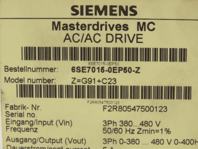 Siemens 6SE7015-0EP50 Simovert Masterdrive AC/DC Servo Drive Converter 1.5kW 3PH