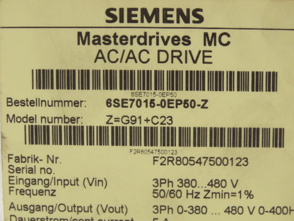 Siemens 6SE7015-0EP50 Simovert Masterdrive AC/DC Servo Drive Converter 1.5kW 3PH
