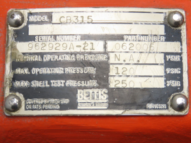 Bettis CB315 Pneumatic Solenoid Actuated 5" Butterfly Valve 120psi 120V