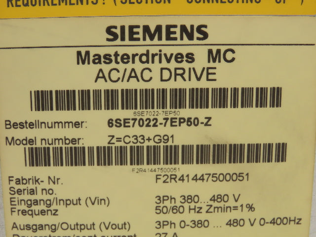 Siemens 6SE7022-7EP50 Simovert MasterdrivesMC AC/DC Servo Drive Converter 11kW