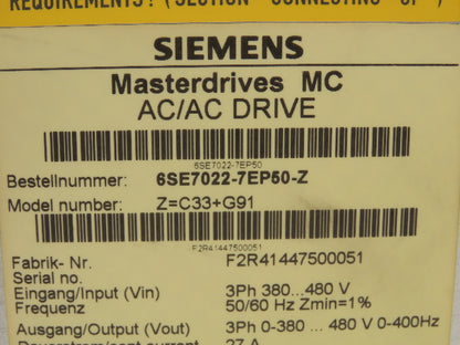 Siemens 6SE7022-7EP50 Simovert MasterdrivesMC AC/DC Servo Drive Converter 11kW