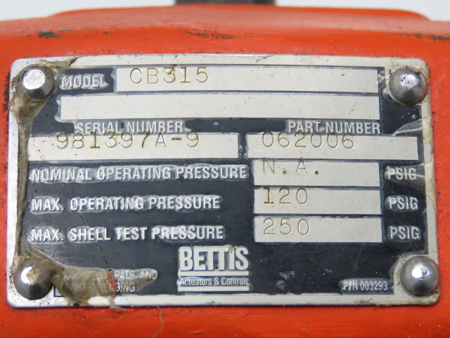 Bettis CB315 Pneumatic Solenoid Actuated 5" Butterfly Valve 120psi 24VDC