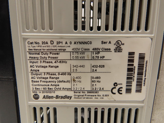 Allen Bradley 20AD2P1A0AYNNNC0 PowerFlex 70 AC Drive VFD 1Hp .75kw 480V 3PH