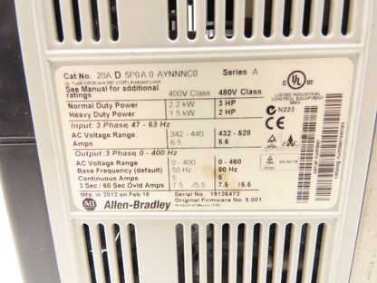 Allen Bradley 20AD5P0A0AYNNNC0 PowerFlex 70 Variable AC Drive VFD 3Hp 480V 3PH