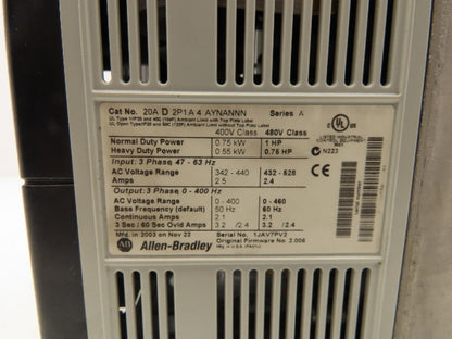 Allen Bradley 20AD2P1A4AYNANNN PowerFlex 70 AC Drive VFD 1Hp 480V 3PH -No Keypad