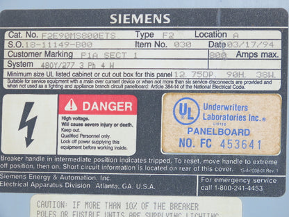 Siemens F2 Electrical Main Distribution Panel Panelboard 480V 800A Main Fused