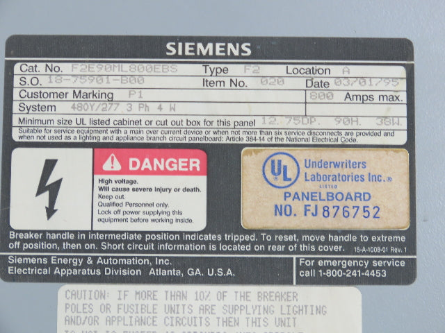 Siemens F2E90ML800EBS Electrical Main Distribution Panel 800A 480Y/277V 3Ph 4W