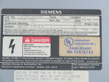 Siemens F2E90ML800EBS Electrical Main Distribution Panel 800A 480Y/277V 3Ph 4W