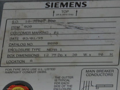 Siemens F2E90ML800EBS Electrical Main Distribution Panel 800A 480Y/277V 3Ph 4W