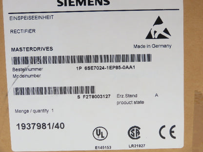 Siemens 6SE7024-1EP85-0AA1 Masterdrives AC/DC Rectifier DC Power Supply 650V 41A