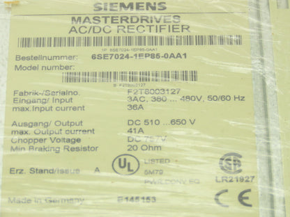 Siemens 6SE7024-1EP85-0AA1 Masterdrives AC/DC Rectifier DC Power Supply 650V 41A