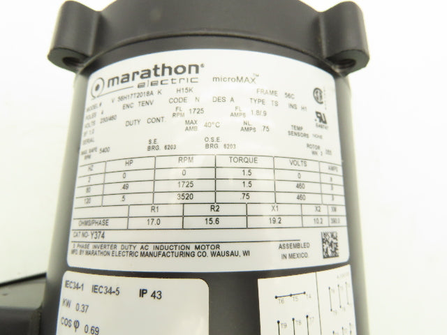 Marathon 56H17T2018A MicroMax Inverter Duty AC Motor 0.5Hp 1725rpm 230/460V 56C