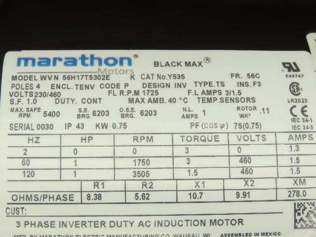 Marathon Electric 56H17T5302E Black Max AC Motor 1Hp 1750rpm 230/460V 3PH 56C