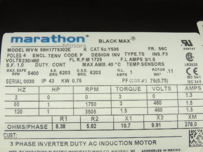 Marathon Electric 56H17T5302E Black Max AC Motor 1Hp 1750rpm 230/460V 3PH 56C