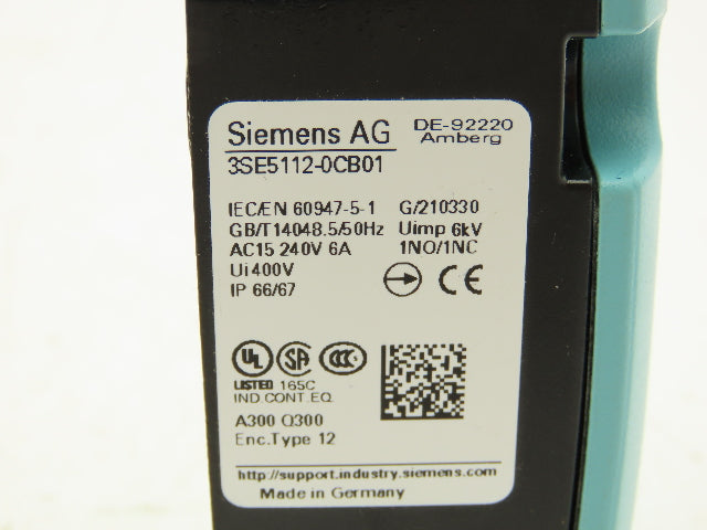 Siemens 3SE5112-0CB01 Limit Switch Stainless Plunger NO/NC Contacts IP66