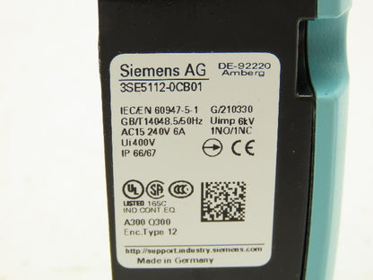 Siemens 3SE5112-0CB01 Limit Switch Stainless Plunger NO/NC Contacts IP66
