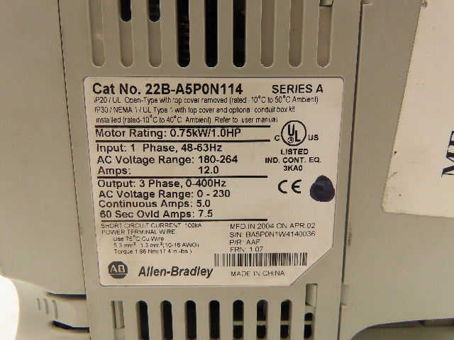 Allen Bradley 22B-A5P0N114 PowerFlex 40 AC Drive Variable VFD 1Hp 230V 1PH Input